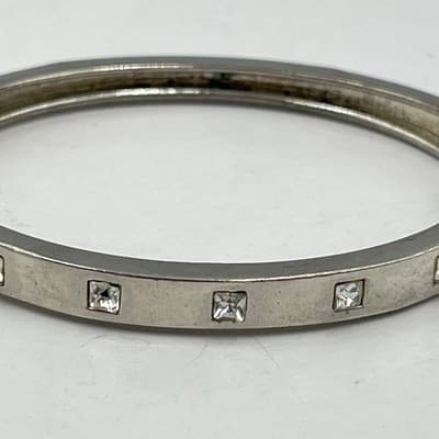 Vintage Silver Tone Hinged Bangle Bracelet Square Clear Crystal Accents Chic - Thumbnail 3