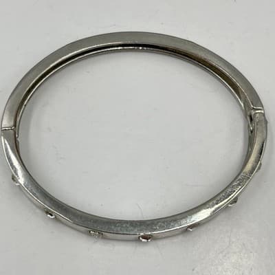 Vintage Silver Tone Hinged Bangle Bracelet Square Clear Crystal Accents Chic - Thumbnail 2