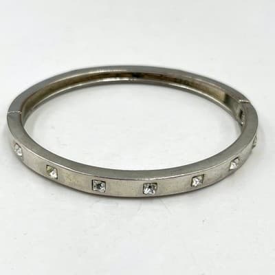Vintage Silver Tone Hinged Bangle Bracelet Square Clear Crystal Accents Chic