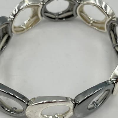 VTG Silver Tone Stretch Bracelet Set 3 Pc Geometric Rosette Rhinestone Stackable - Thumbnail 5