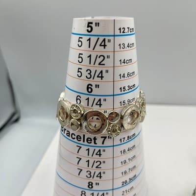 VTG Silver Tone Stretch Bracelet Set 3 Pc Geometric Rosette Rhinestone Stackable - Thumbnail 9