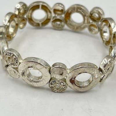 VTG Silver Tone Stretch Bracelet Set 3 Pc Geometric Rosette Rhinestone Stackable - Thumbnail 6