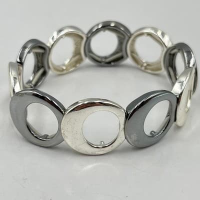 VTG Silver Tone Stretch Bracelet Set 3 Pc Geometric Rosette Rhinestone Stackable - Thumbnail 4