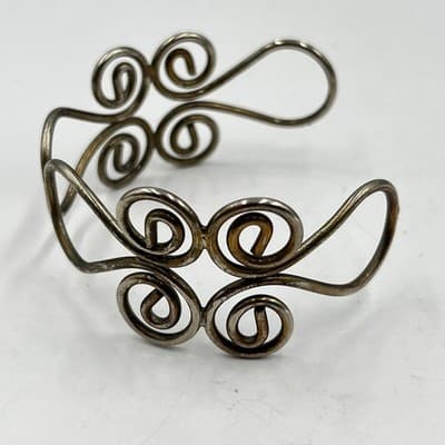 Vintage Silver Tone Filigree Swirl Cuff Bracelet Boho Artistic Wire Wrap Bangle - Thumbnail 3