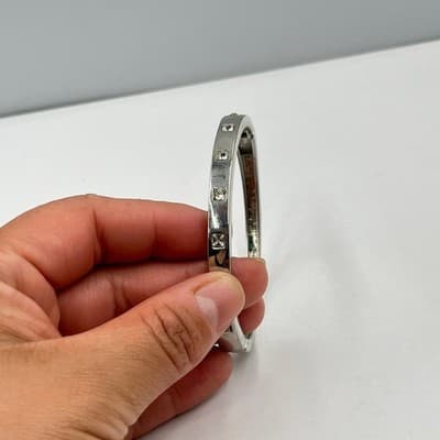 Vintage Silver Tone Hinged Bangle Bracelet Square Clear Crystal Accents Chic - Thumbnail 5