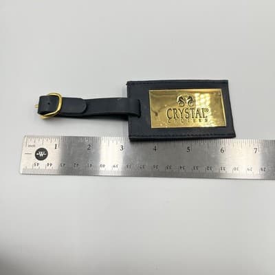 Vintage Crystal Cruises Luxury Luggage Tag Blue Leather Gold Tone Brass Plate - Thumbnail 6