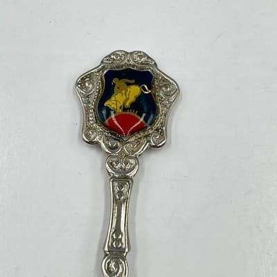 VTG Colombia Souvenir Collector Spoon Set Ornate Gold Shield Finial Silver Plate - Thumbnail 5