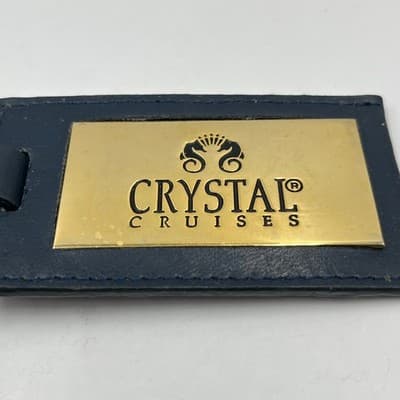 Vintage Crystal Cruises Luxury Luggage Tag Blue Leather Gold Tone Brass Plate - Thumbnail 2