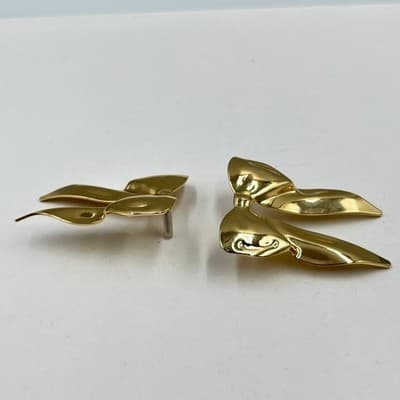 Vintage Gold Bow Stud Earrings High Polish Oversized Ribbon Statement Jewelry - Thumbnail 3
