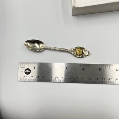 VTG Colombia Souvenir Collector Spoon Set Ornate Gold Shield Finial Silver Plate - Thumbnail 9