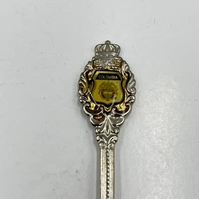 VTG Colombia Souvenir Collector Spoon Set Ornate Gold Shield Finial Silver Plate - Thumbnail 3