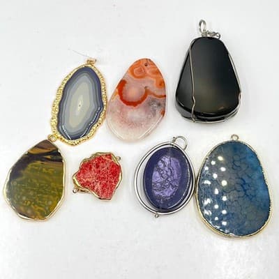 Pendant Set 7pc Artisan Gemstone Agate Jasper Druzy Mixed Media Bohemian