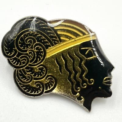 Rare Vintage 1980 JJ Art Deco Revival Black & Gold Enamel Woman's Profile Brooch