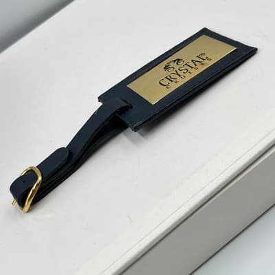 Vintage Crystal Cruises Luxury Luggage Tag Blue Leather Gold Tone Brass Plate - Thumbnail 3