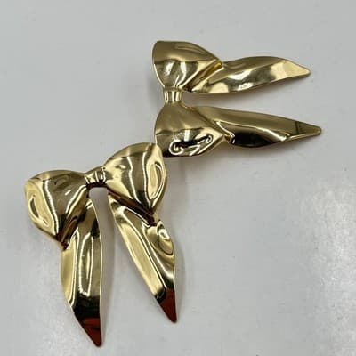 Vintage Gold Bow Stud Earrings High Polish Oversized Ribbon Statement Jewelry - Thumbnail 4