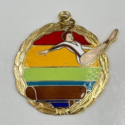 VTG 1988 Margarita Taiwan Sport Enamel Pendant Lot Soccer & Gymnastics Medal 3pc - Thumbnail 3