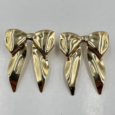 Vintage Gold Bow Stud Earrings High Polish Oversized Ribbon Statement Jewelry - Thumbnail 2