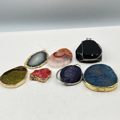 Pendant Set 7pc Artisan Gemstone Agate Jasper Druzy Mixed Media Bohemian - Thumbnail 18