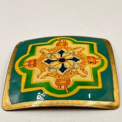 VTG Italian Venetian Enamel Plaque Pendant Tile Medallion Green Gold Star Motif - Thumbnail 2