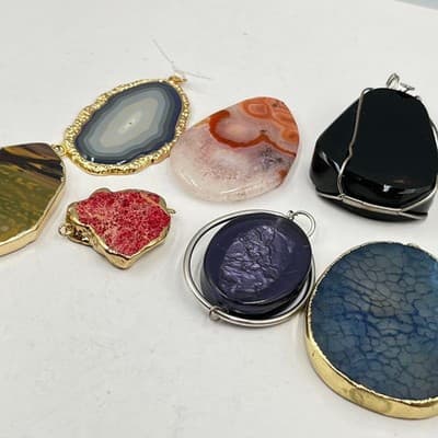 Pendant Set 7pc Artisan Gemstone Agate Jasper Druzy Mixed Media Bohemian - Thumbnail 19