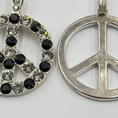 Vintage Peace Sign Pendants Black & Clear Crystal Silver Tone Goth Boho Lot 2Pc - Thumbnail 9