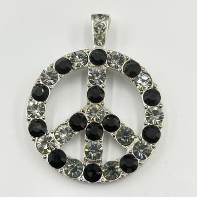 Vintage Peace Sign Pendants Black & Clear Crystal Silver Tone Goth Boho Lot 2Pc - Thumbnail 2