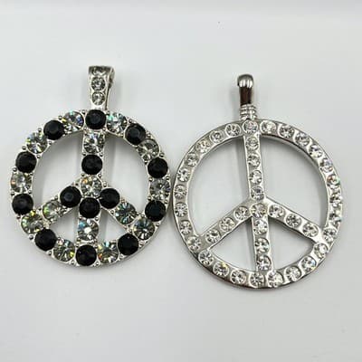 Vintage Peace Sign Pendants Black & Clear Crystal Silver Tone Goth Boho Lot 2Pc