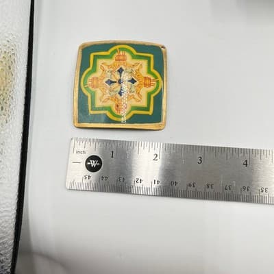 VTG Italian Venetian Enamel Plaque Pendant Tile Medallion Green Gold Star Motif - Thumbnail 6