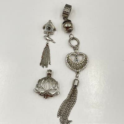 Vintage Silver Tone Charm Set - Rhinestone Heart, Birdhouse Tassel, Lotus Locket