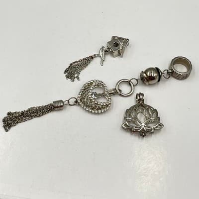 Vintage Silver Tone Charm Set - Rhinestone Heart, Birdhouse Tassel, Lotus Locket - Thumbnail 7