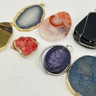 Pendant Set 7pc Artisan Gemstone Agate Jasper Druzy Mixed Media Bohemian - Thumbnail 20