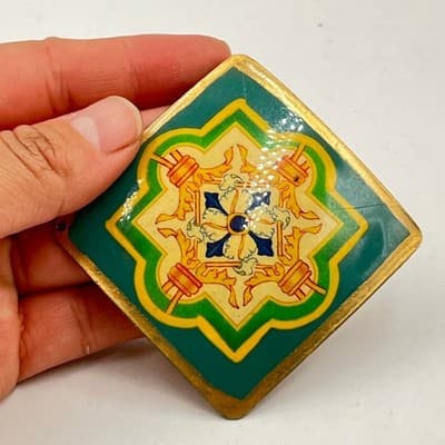 VTG Italian Venetian Enamel Plaque Pendant Tile Medallion Green Gold Star Motif - Thumbnail 5