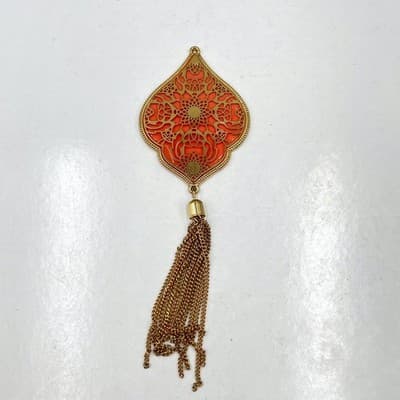 Vintage Gold Tone Orange Enamel Filigree Moroccan Style Tassel Statement Pendant