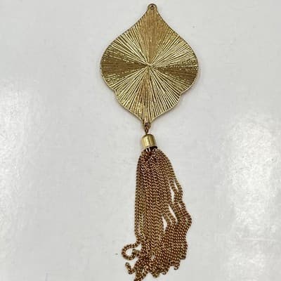 Vintage Gold Tone Orange Enamel Filigree Moroccan Style Tassel Statement Pendant - Thumbnail 5