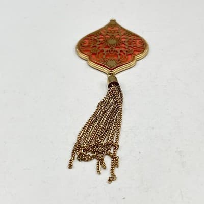 Vintage Gold Tone Orange Enamel Filigree Moroccan Style Tassel Statement Pendant - Thumbnail 4