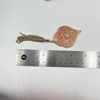 Vintage Gold Tone Orange Enamel Filigree Moroccan Style Tassel Statement Pendant - Thumbnail 7