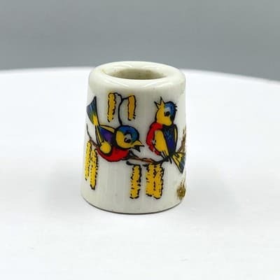 Vintage Germany Ceramic Thimble Dual-Sided Bluebirds & Lamb Hand-Painted Rare