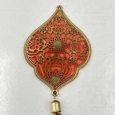 Vintage Gold Tone Orange Enamel Filigree Moroccan Style Tassel Statement Pendant - Thumbnail 2