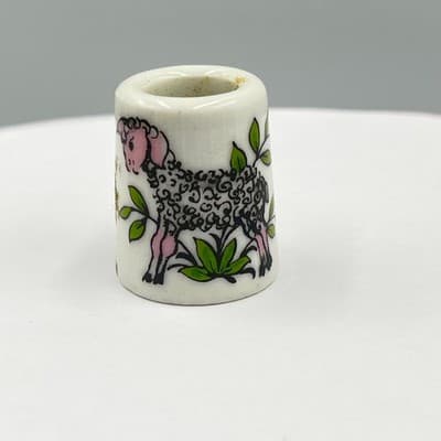 Vintage Germany Ceramic Thimble Dual-Sided Bluebirds & Lamb Hand-Painted Rare - Thumbnail 3