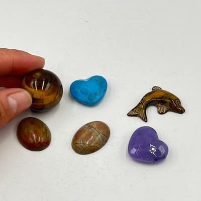 VTG Tiger's Eye Dolphin & Sphere, Jasper Cabs, Heart Stones, Unset Gem Lot 6pc