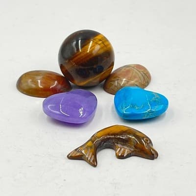 VTG Tiger's Eye Dolphin & Sphere, Jasper Cabs, Heart Stones, Unset Gem Lot 6pc - Thumbnail 15