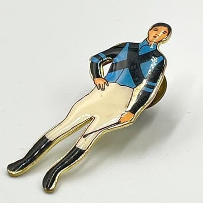 Vintage Enamel Jockey Pin, Horse Racing Memorabilia, Blue & Black Silks Brooch - Thumbnail 3