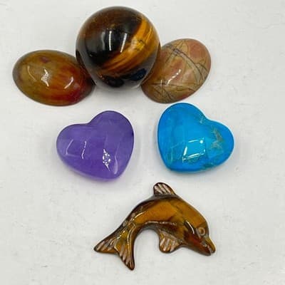 VTG Tiger's Eye Dolphin & Sphere, Jasper Cabs, Heart Stones, Unset Gem Lot 6pc - Thumbnail 14
