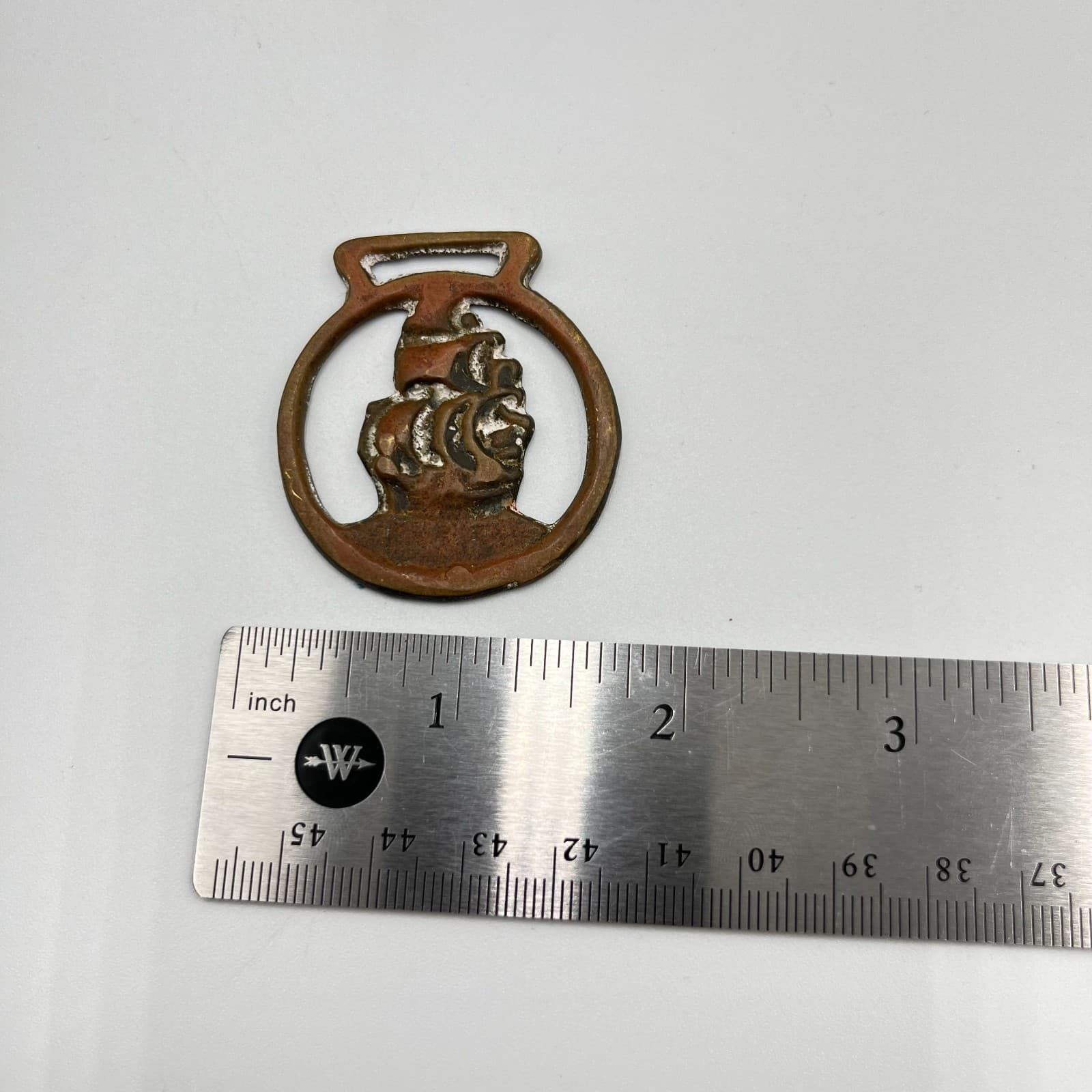VTG Antique Brass Tone Oxide Metal Nautical Galleon Ship Horse Medallion Pendant - Thumbnail 7