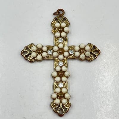 Lot of 3 Vintage & Artisan Cross Pendants, Pearl, Crystal, Gemstone Wire Wrap - Thumbnail 2