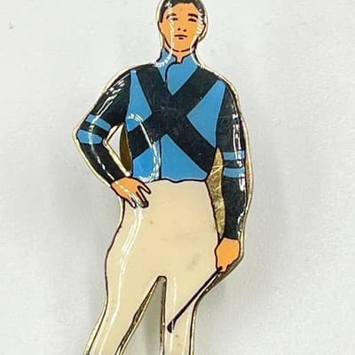 Vintage Enamel Jockey Pin, Horse Racing Memorabilia, Blue & Black Silks Brooch - Thumbnail 2