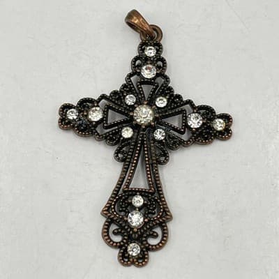 Lot of 3 Vintage & Artisan Cross Pendants, Pearl, Crystal, Gemstone Wire Wrap - Thumbnail 5