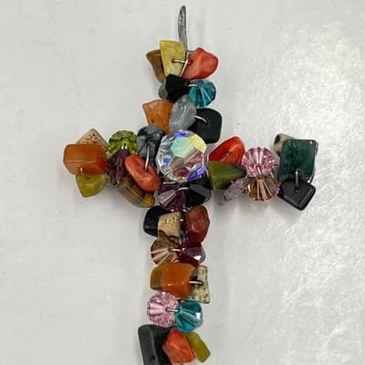 Lot of 3 Vintage & Artisan Cross Pendants, Pearl, Crystal, Gemstone Wire Wrap - Thumbnail 8