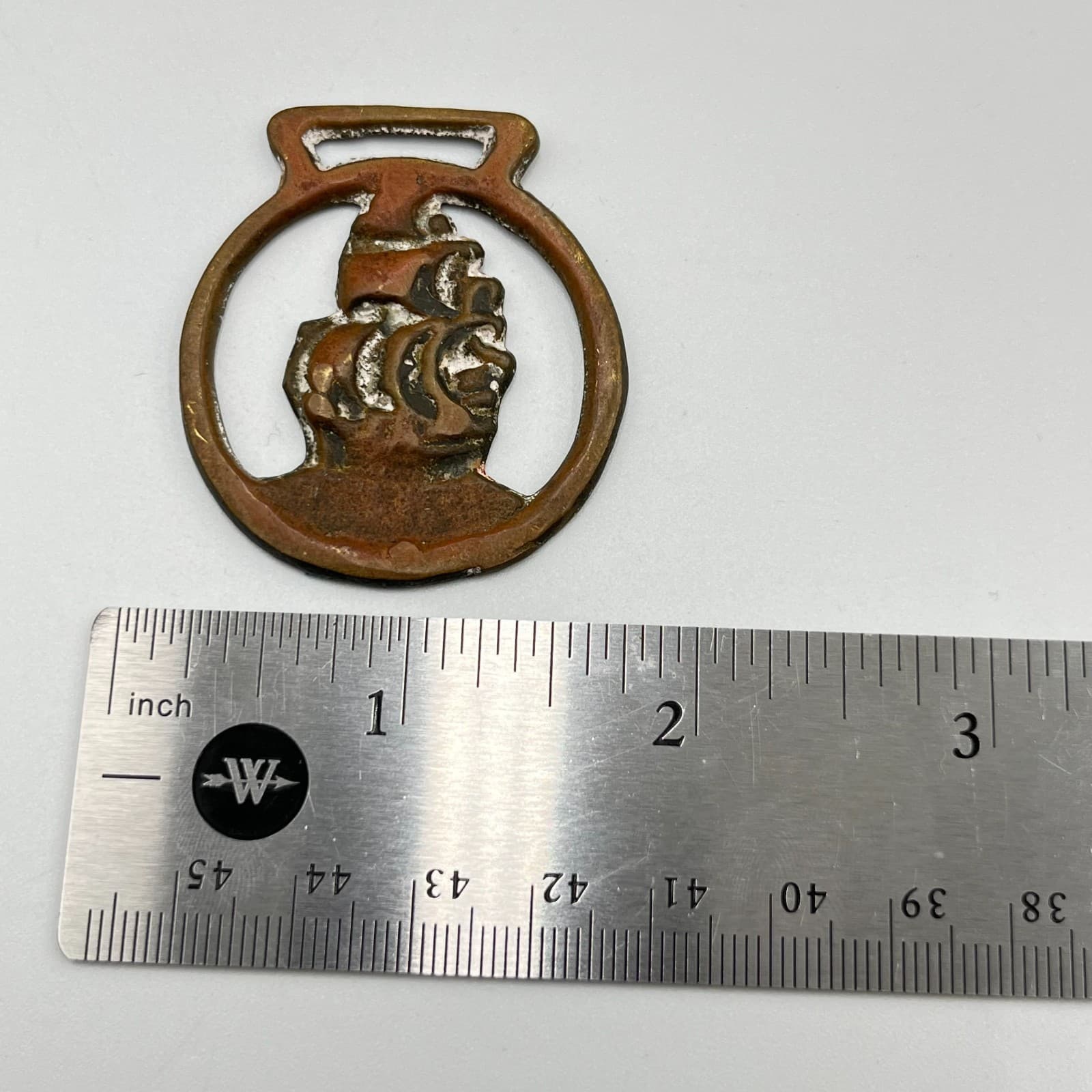 VTG Antique Brass Tone Oxide Metal Nautical Galleon Ship Horse Medallion Pendant - Thumbnail 6
