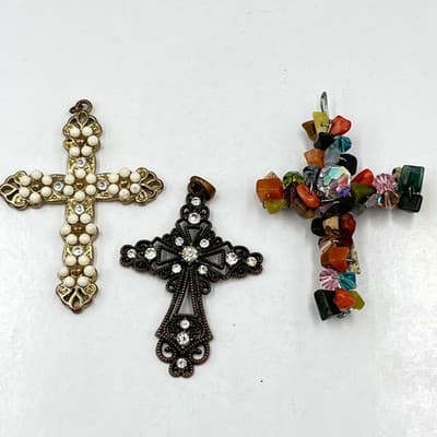Lot of 3 Vintage & Artisan Cross Pendants, Pearl, Crystal, Gemstone Wire Wrap
